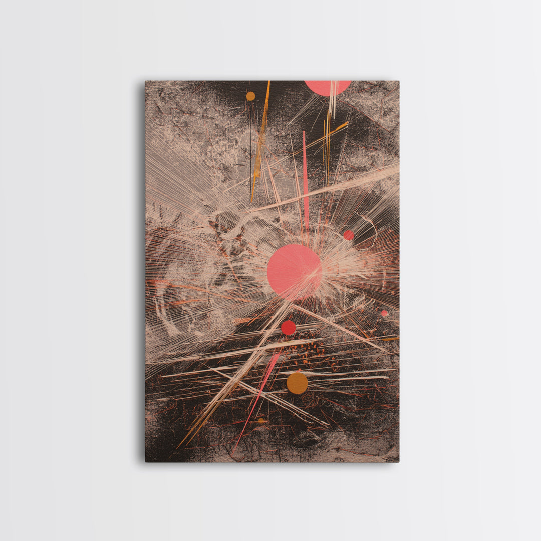 Coral Circles And Fine Lines Abstract Canvas Print, Geometric Wall Art, Modern Office Decor, Minimalist Black Art Gift For Her