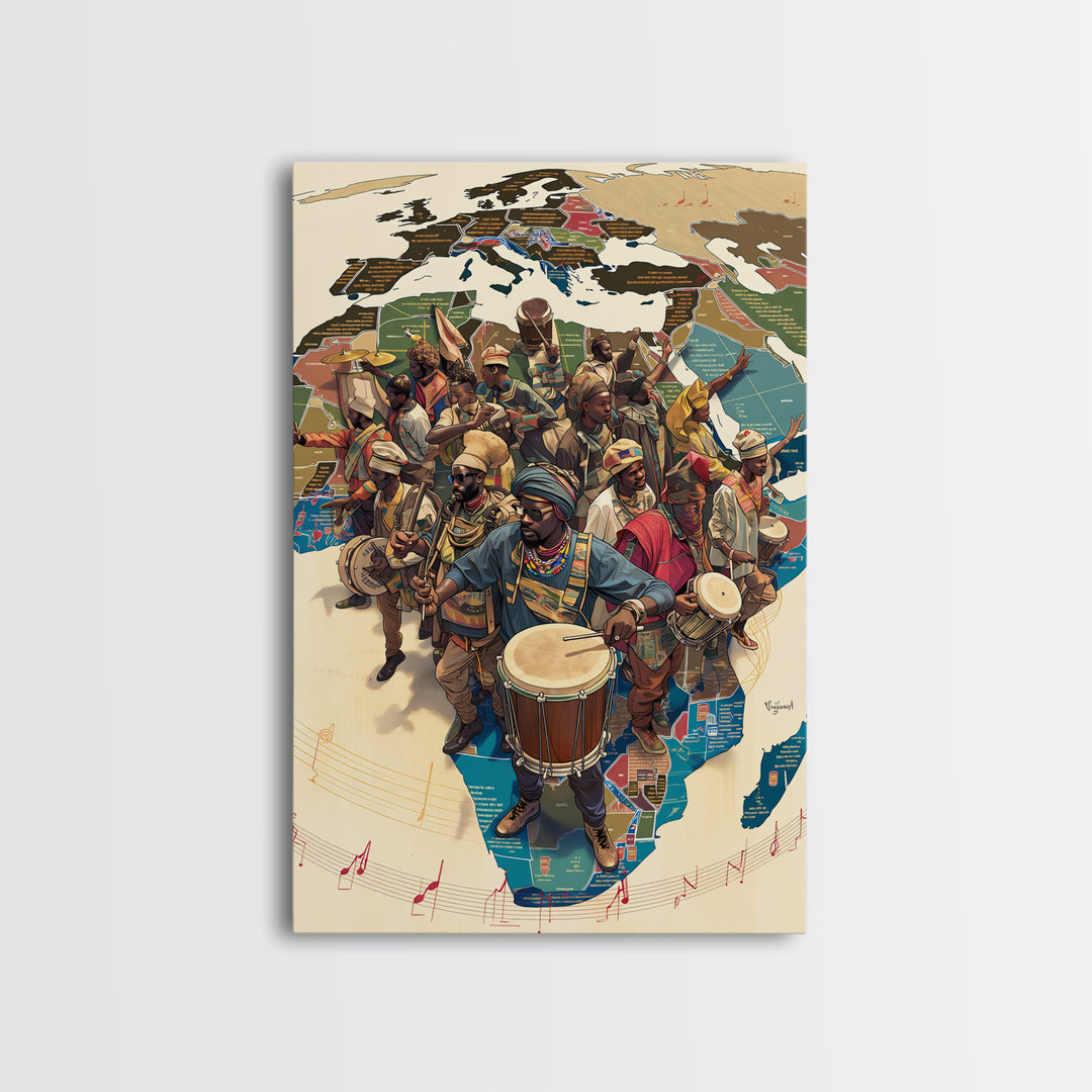African Musicians Over Motherland Map Framed Canvas Print, African Culture Art, Afrocentric Wall Art, Vibrant Home Decor