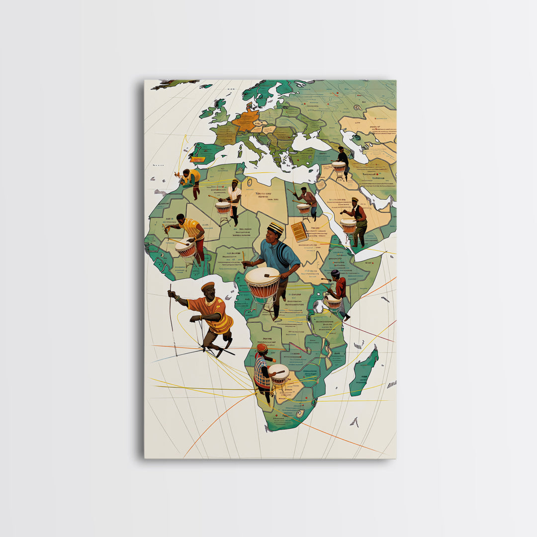 Drummers Across Africa And Europe Map Canvas Print, African Art Prints, Cultural Home Decor, Music Inspired Wall Decor Gift
