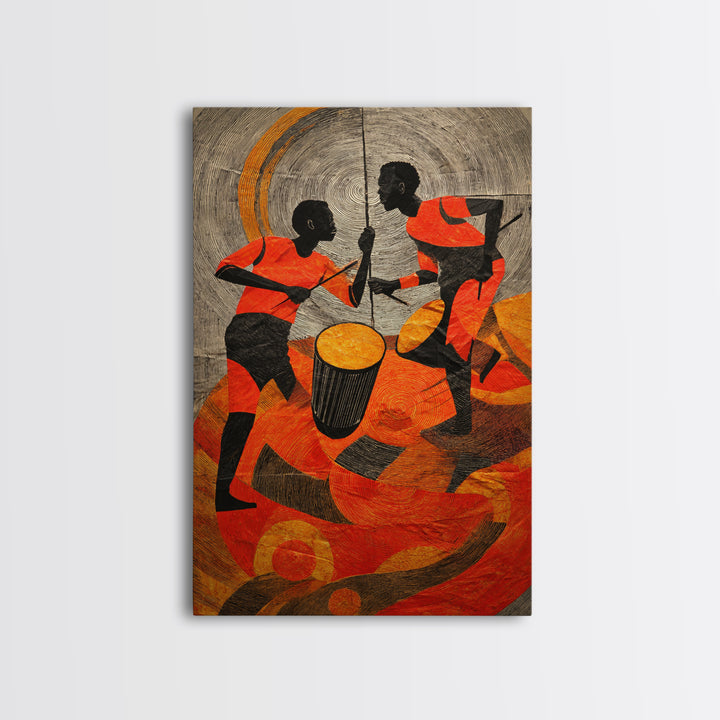 Two African Children Dancing With Drum Wall Art, Colorful African Art Print, Tribal Celebration Decor, Modern Afro Canvas