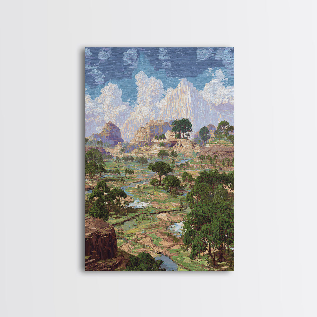 Ancient African Valley With River And Mountains Wall Art, Serengeti Landscape Print, Nature Scene Home Decor, Dreamy Canvas