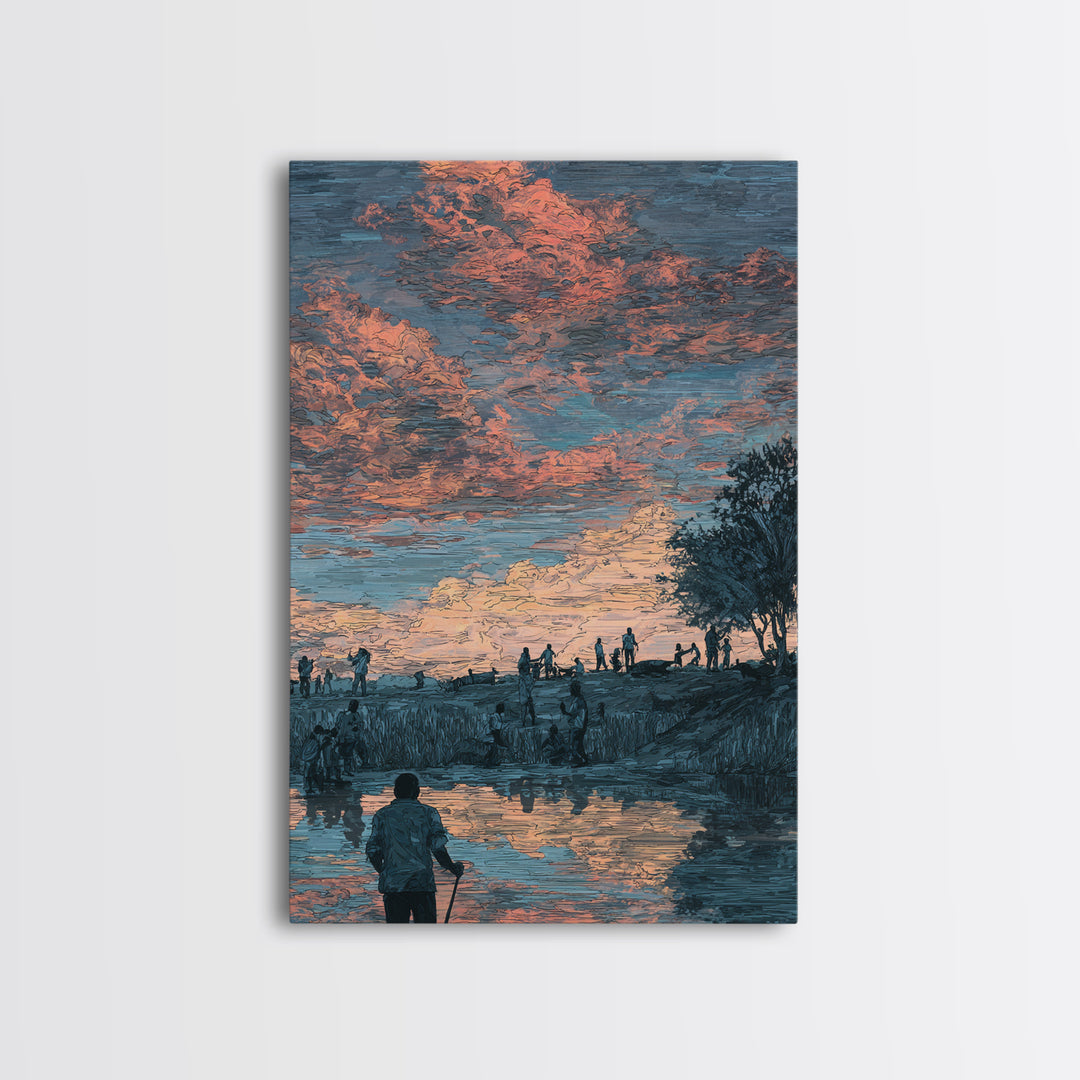 Pastoral African Sunset River Scene Canvas Print, Nature Wall Decor, Cultural Landscape Art, Earth Tone Living Room Decor