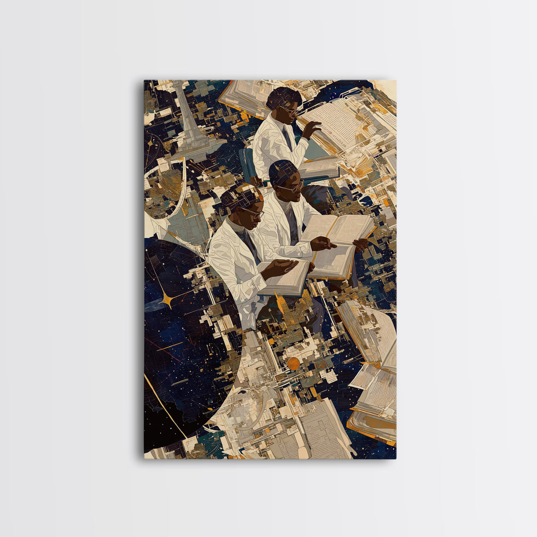 Black African Scholars Reading Floating Books Wall Art, Afrofuturism Decor, Black History Gift, Modern Cultural Canvas Print