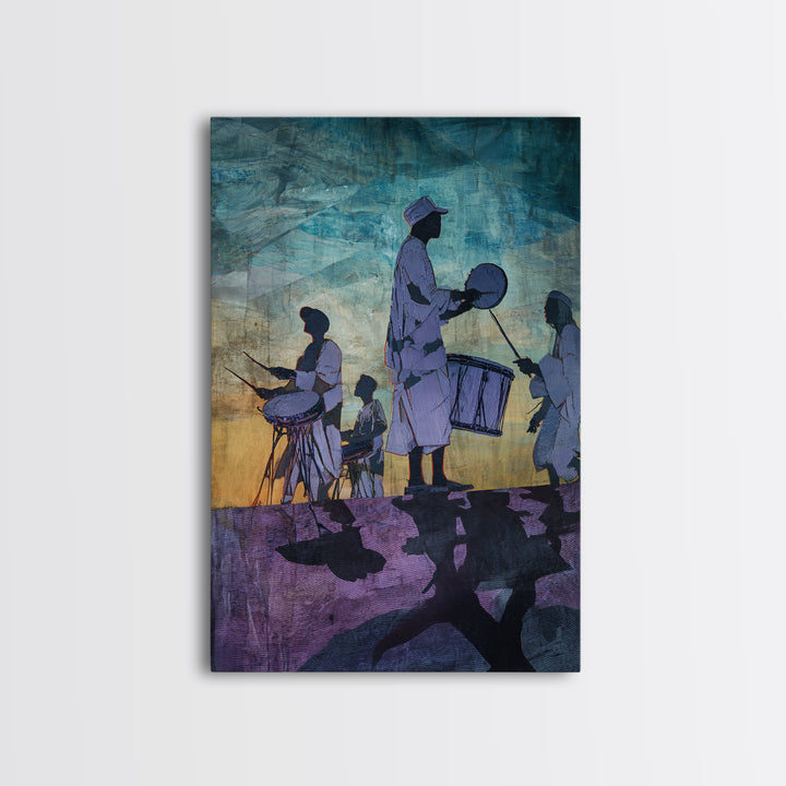 Silhouetted African Drummers At Twilight Framed Canvas Print, Afrocentric Wall Decor, Cultural Music Art, Tribal Home Decor