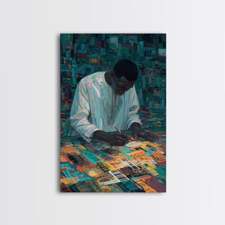 Focused Writer At Colorful Desk Framed Canvas Print, Black Man Wall Art, African American Art, Office Decor, Creative Gift