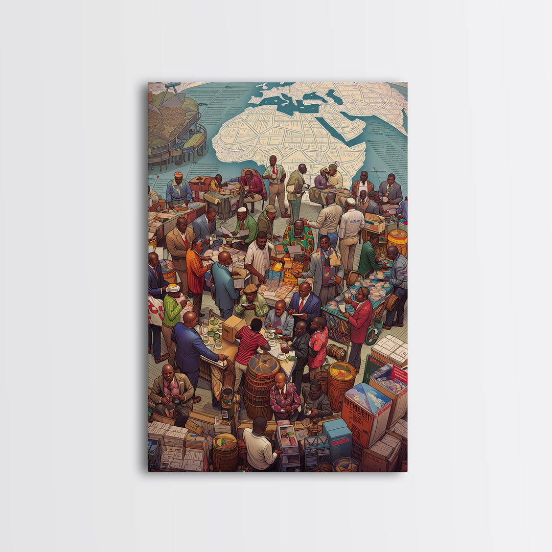 Busy African Market Scene With Map Wall Art, African Culture Art, West African Art, Black People Art, Living Room Decor, Gift