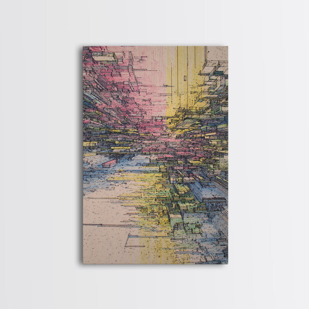 Futuristic Abstract City Canyon Framed Canvas Print, Modern Urban Wall Art, Geometric Architecture, Colorful Office Decor