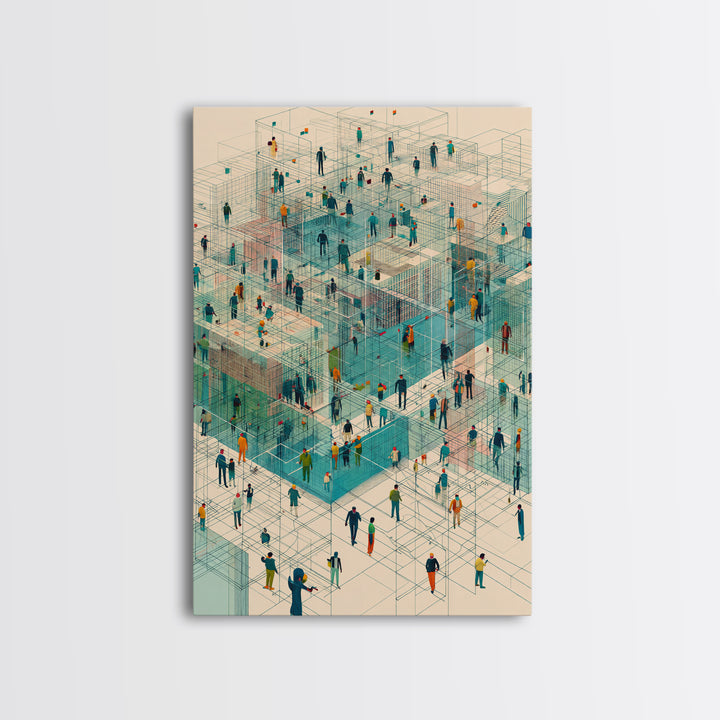 Isometric People In Wireframe City Wall Art, Modern Geometric Canvas Print, Abstract Urban Network, Unique Office Decor, Tech Inspired