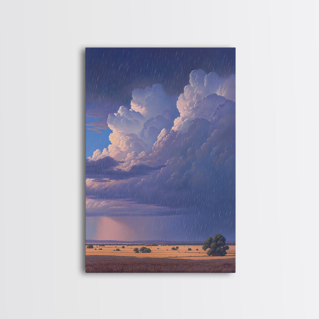Rainstorm Over African Savanna Canvas Print, Dramatic Cloud Wall Art, Safari Landscape Decor, Dreamy Nature Scene Gift, Blue Sky