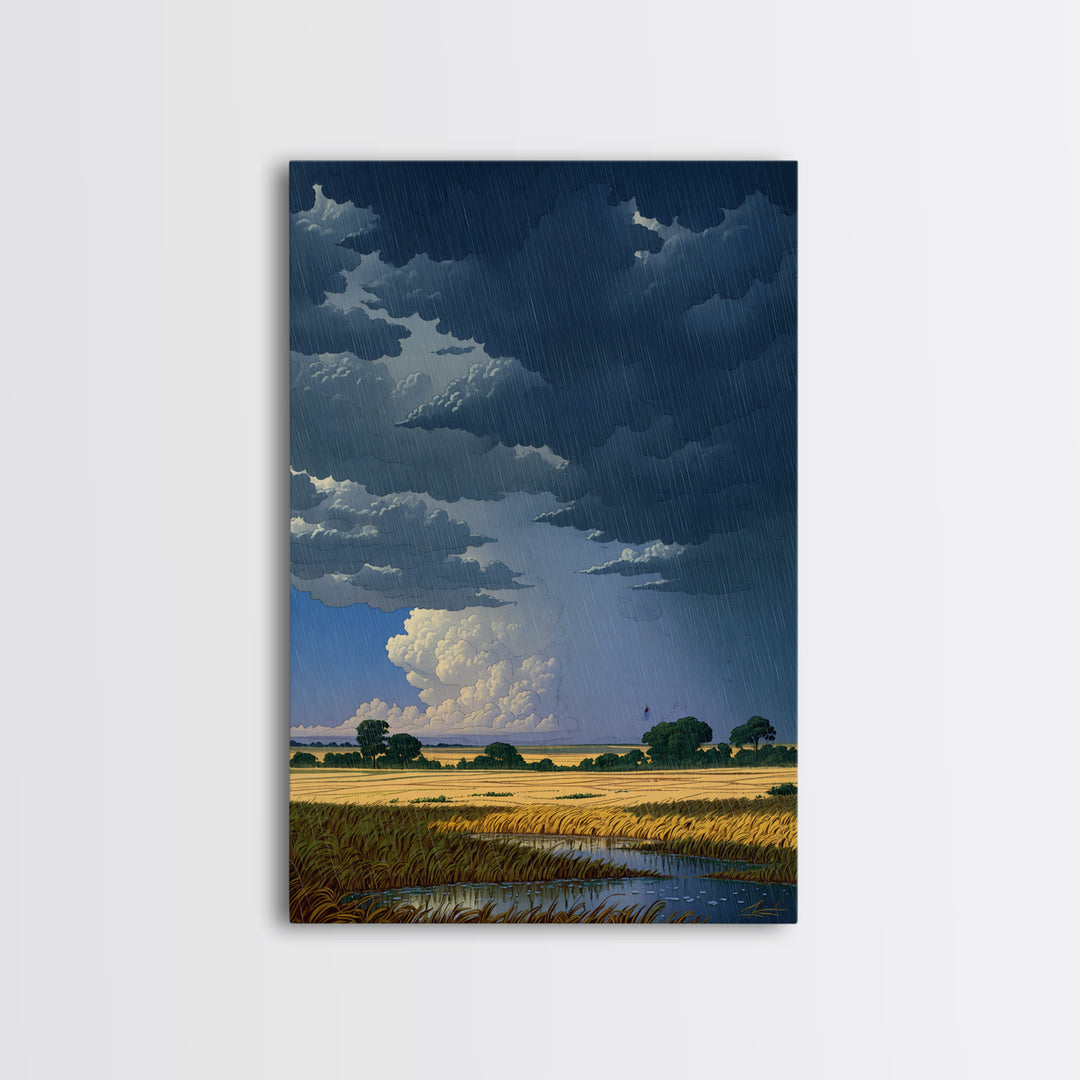 Dark Storm Clouds Over Golden Field Wall Art, African Landscape Canvas Print, Moody Nature Scene, Rustic Living Room Decor