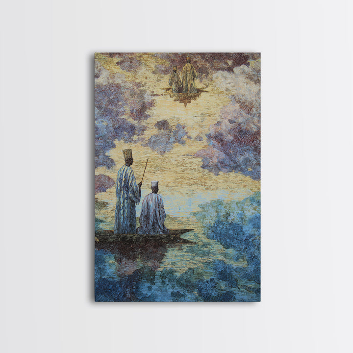 Two Robed Figures On Mystical Water Canvas Print, African Story Wall Art, Dreamy Cultural Landscape, Spiritual Home Decor