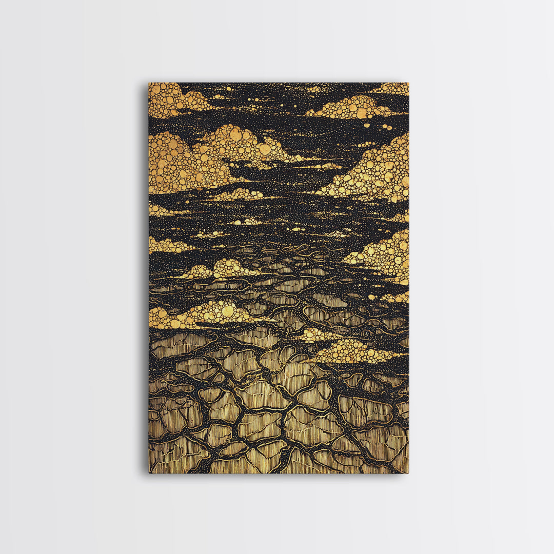 Black And Gold Cracked Earth Abstract Wall Art, Luxury Canvas Print, Textured Desert Landscape, Bold Statement Home Decor