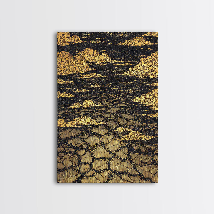 Black And Gold Cracked Earth Abstract Wall Art, Luxury Canvas Print, Textured Desert Landscape, Bold Statement Home Decor