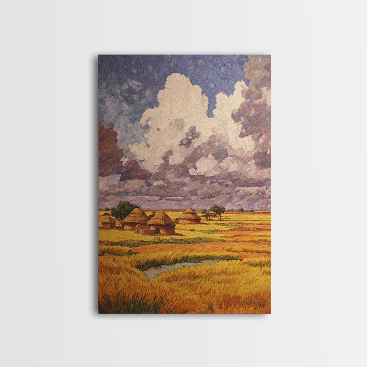 Golden African Village Under Towering Clouds Wall Art, Savannah Landscape, Rustic Home Decor, Afrocentric African Art Print