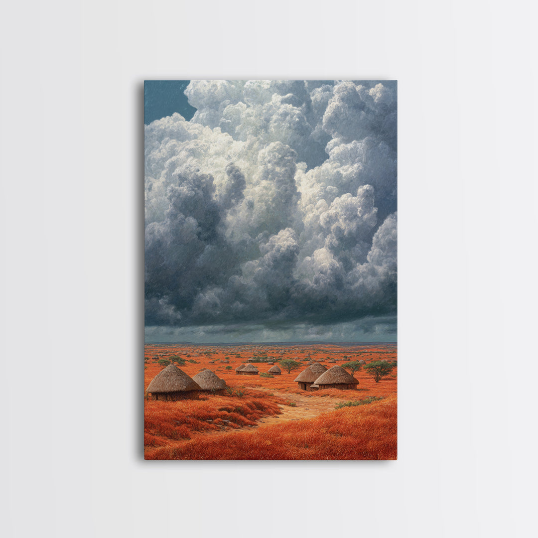 Red African Village Beneath Dramatic Storm Clouds Framed Canvas Print, Safari Landscape Wall Art, Earth Tone Home Decor Gift
