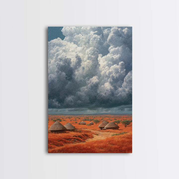 Red African Village Beneath Dramatic Storm Clouds Framed Canvas Print, Safari Landscape Wall Art, Earth Tone Home Decor Gift