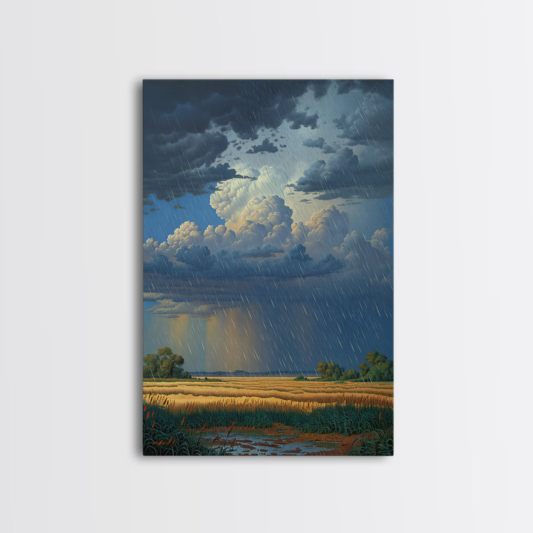 Rain Swept African Plain With Golden Fields Canvas Print, Stormy Landscape Wall Art, Safari Decor, Dramatic Office Art Gift