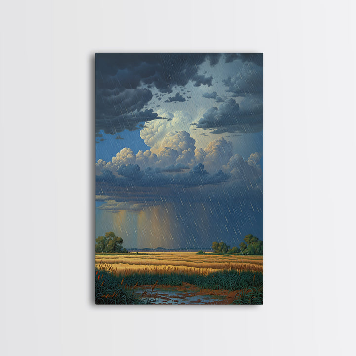 Rain Swept African Plain With Golden Fields Canvas Print, Stormy Landscape Wall Art, Safari Decor, Dramatic Office Art Gift