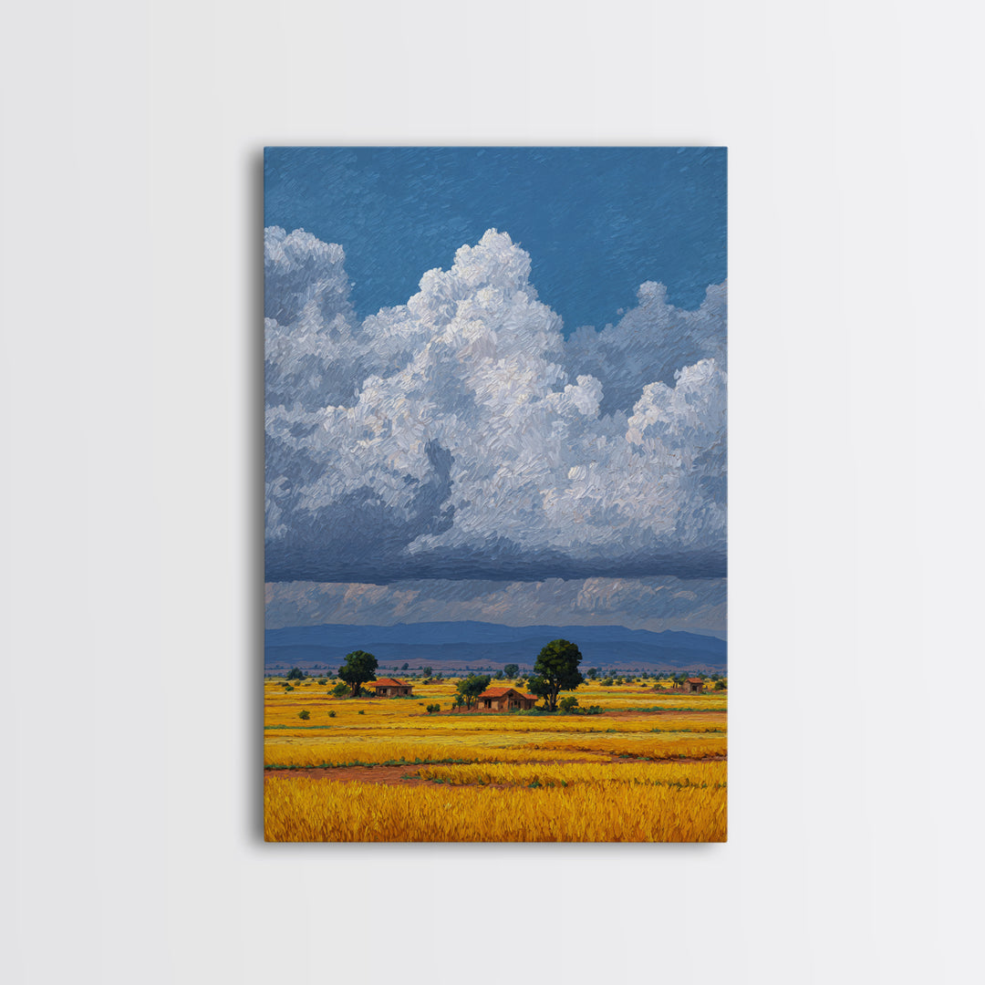 Sunlit African Farmland With Puffy White Clouds Wall Art, Landscape Canvas Print, Rustic Decor, Housewarming Gift For Her