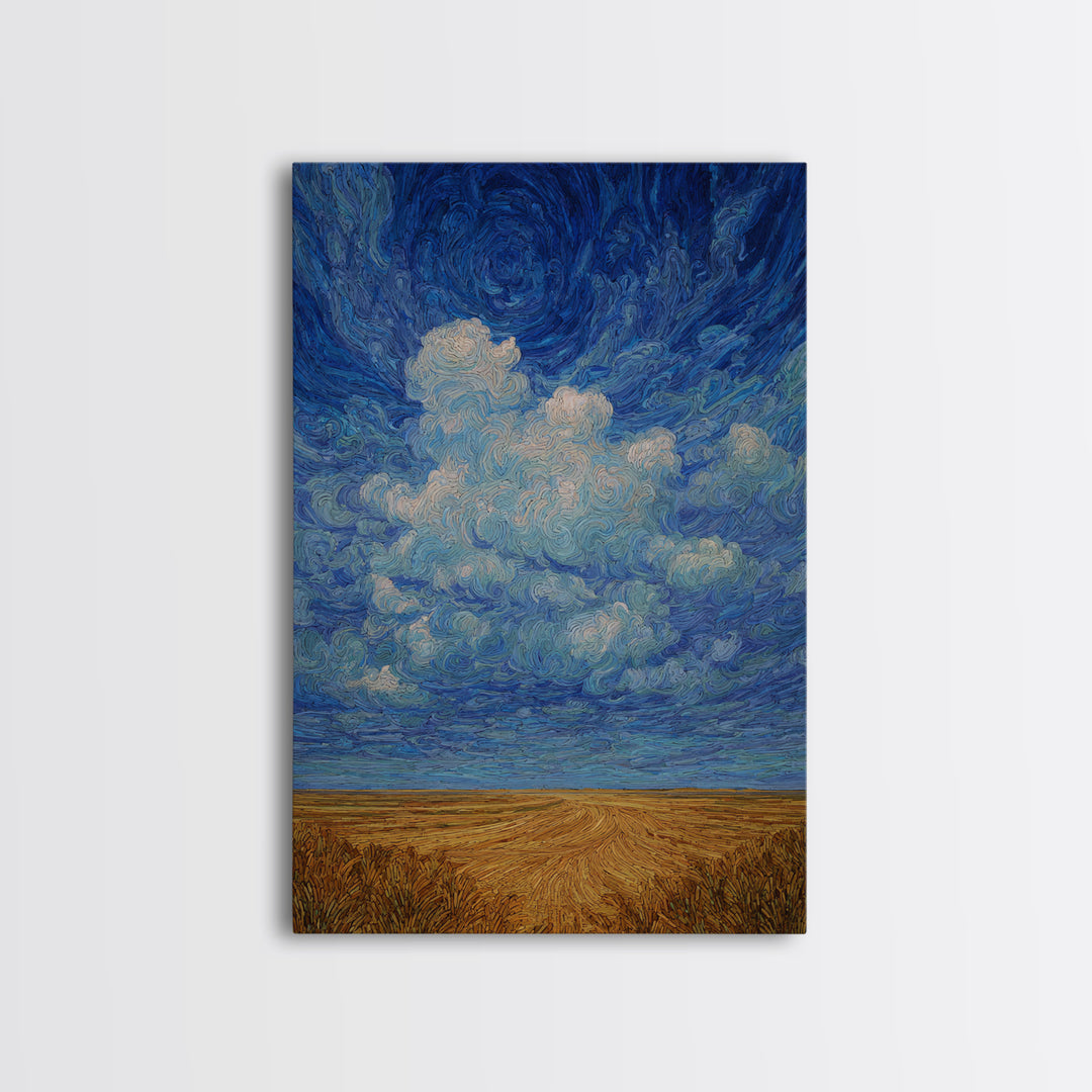 Swirling Blue Sky Over Golden African Plain Canvas Print, Abstract Landscape Wall Art, Dreamy Decor, Modern Home Decor Gift