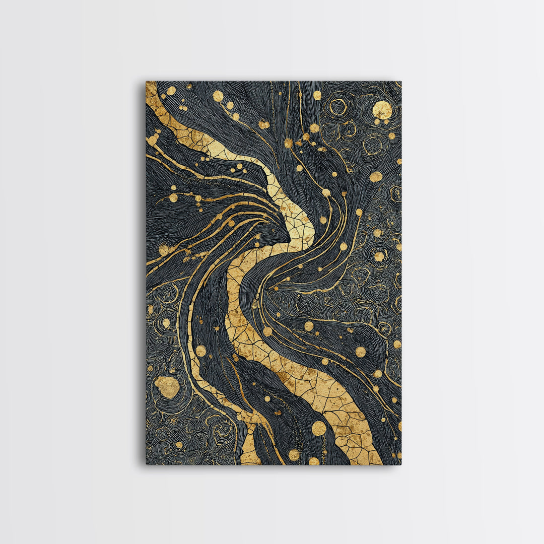 Black And Gold Abstract River Of Stars Statement Wall Art, Luxury Canvas Print, Geometric Decor, Elegant Modern Home Decor Gift