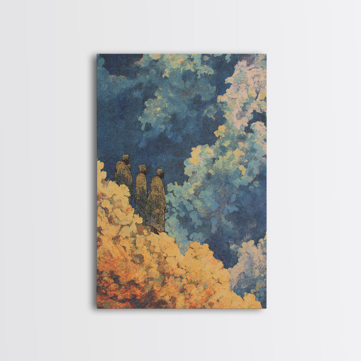 Three African Figures Walking Through Colorful Clouds Wall Art, Mystical Canvas Print, Cultural Art, Afrocentric Home Decor