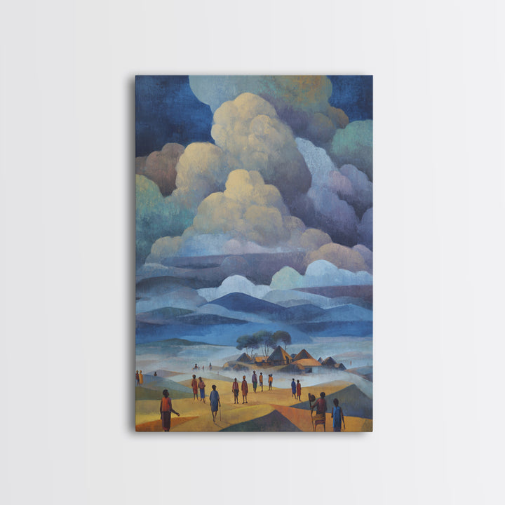 African Village Beneath Blue Storm Clouds Framed Canvas Print, Landscape Wall Decor, Cultural Home Decor, Afrocentric Art