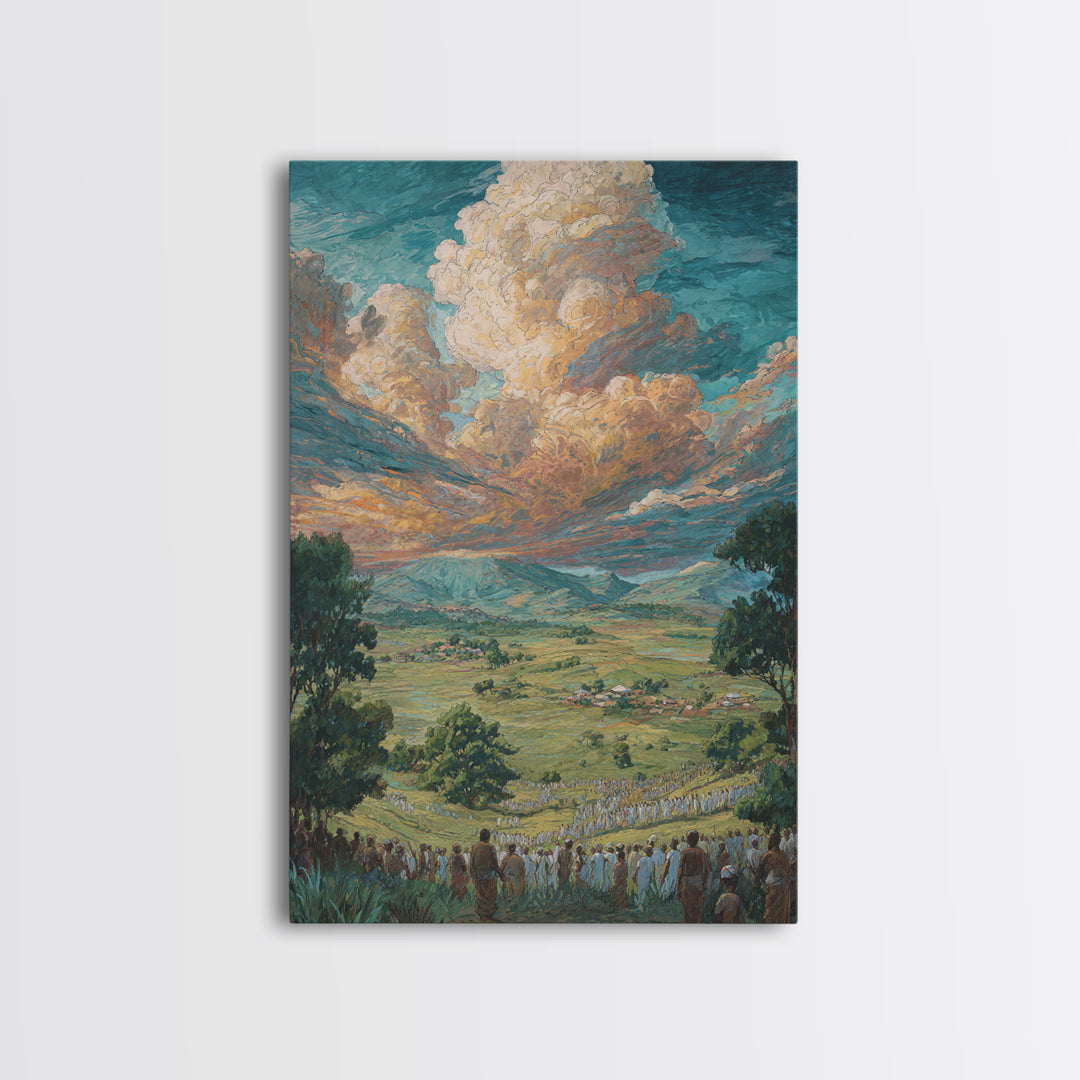 African Valley Procession Under Radiant Clouds Canvas Print, Panoramic Landscape Wall Decor, Safari Art, Cultural Gift For Home