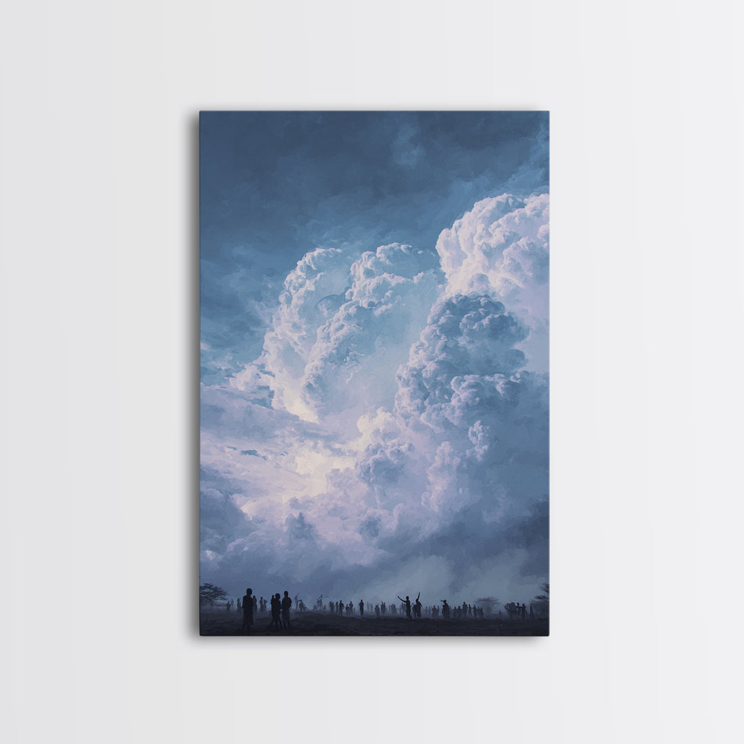 Towering White Storm Clouds Over African Horizon Framed Canvas Print, Dramatic Blue Wall Decor, Spiritual Afrocentric Art