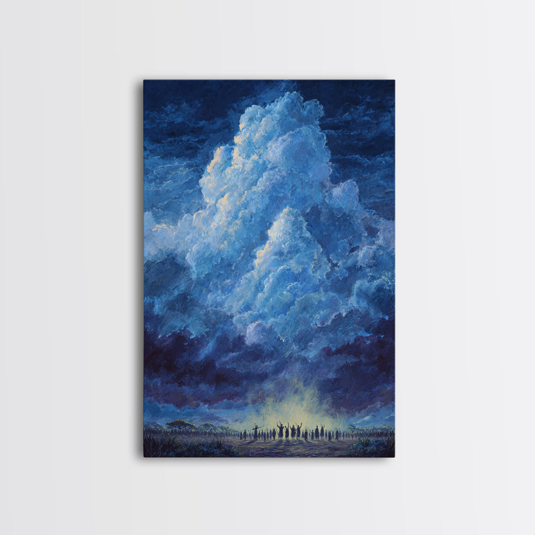 Deep Blue Thundercloud Over African Crowd Canvas Print, Dramatic Storm Sky Wall Decor, Spiritual Safari Art, Statement Gift