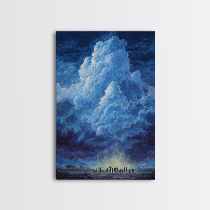 Deep Blue Thundercloud Over African Crowd Canvas Print, Dramatic Storm Sky Wall Decor, Spiritual Safari Art, Statement Gift