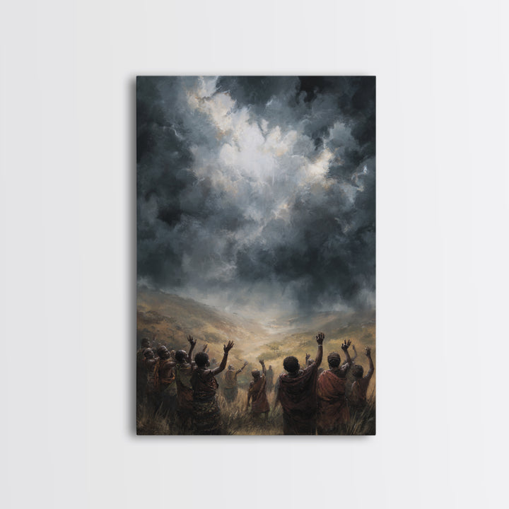 African Villagers Raising Hands To Dark Storm Sky Wall Art, Dramatic Spiritual Canvas, Cultural Decor, Black Art Gift For Home