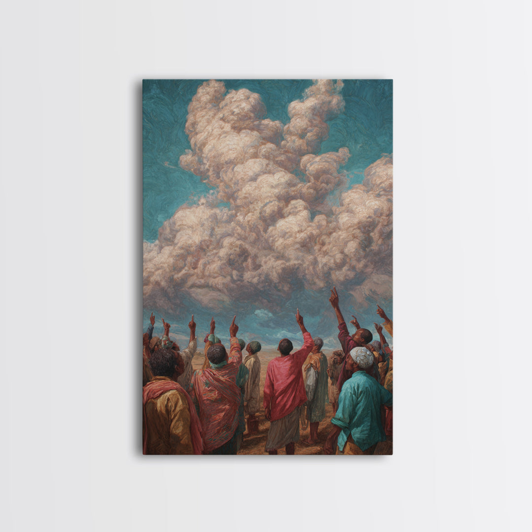 African Gathering Pointing To Rose Clouds Canvas Print, Colorful Cultural Wall Decor, Afrocentric Home Art, Unique Gift Idea