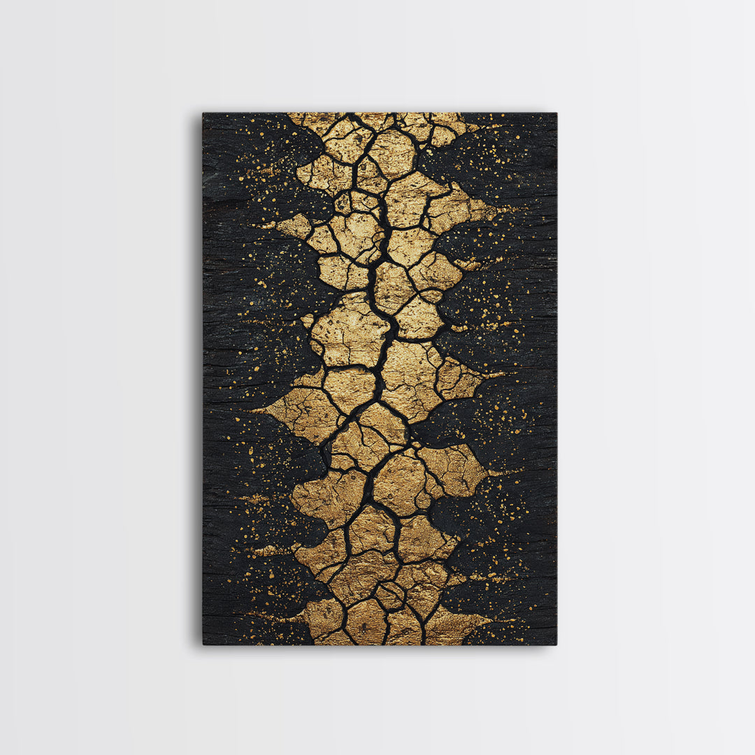 Gold Cracked Earth Africa Inspired Abstract Wall Art, Black And Gold Canvas Decor, Modern Afrocentric Texture, Luxury Gift