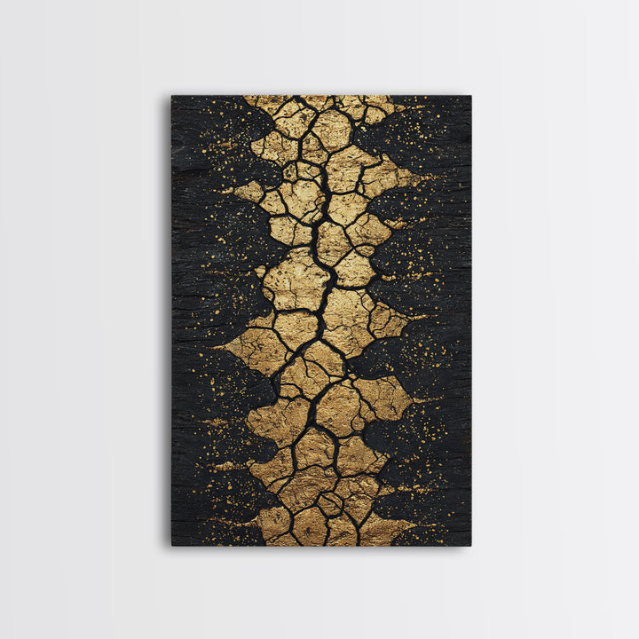 Gold Cracked Earth Africa Inspired Abstract Wall Art, Black And Gold Canvas Decor, Modern Afrocentric Texture, Luxury Gift