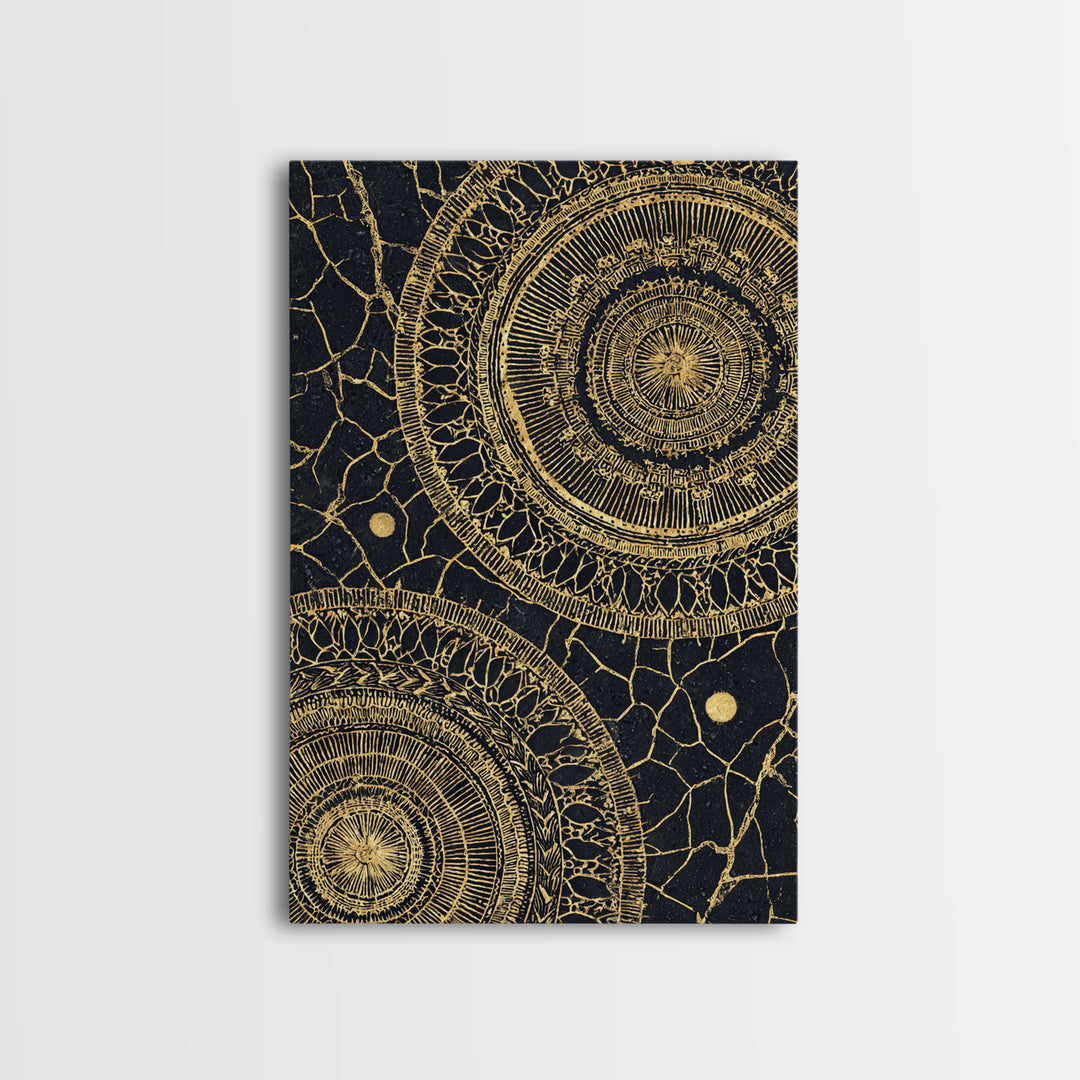 Black And Gold Tribal Mandala Pattern Framed Canvas Print, Geometric African Wall Decor, Abstract Ethnic Art, Luxury Gift