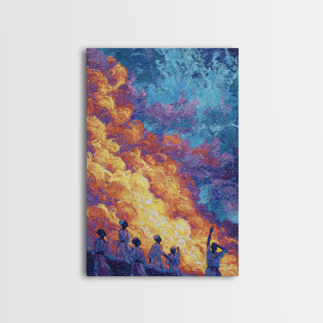 Figures Under Fiery Orange And Blue Sky Canvas Print, African Wall Art, Black People Art, Cultural Home Decor Gift, Statement Wall Decor