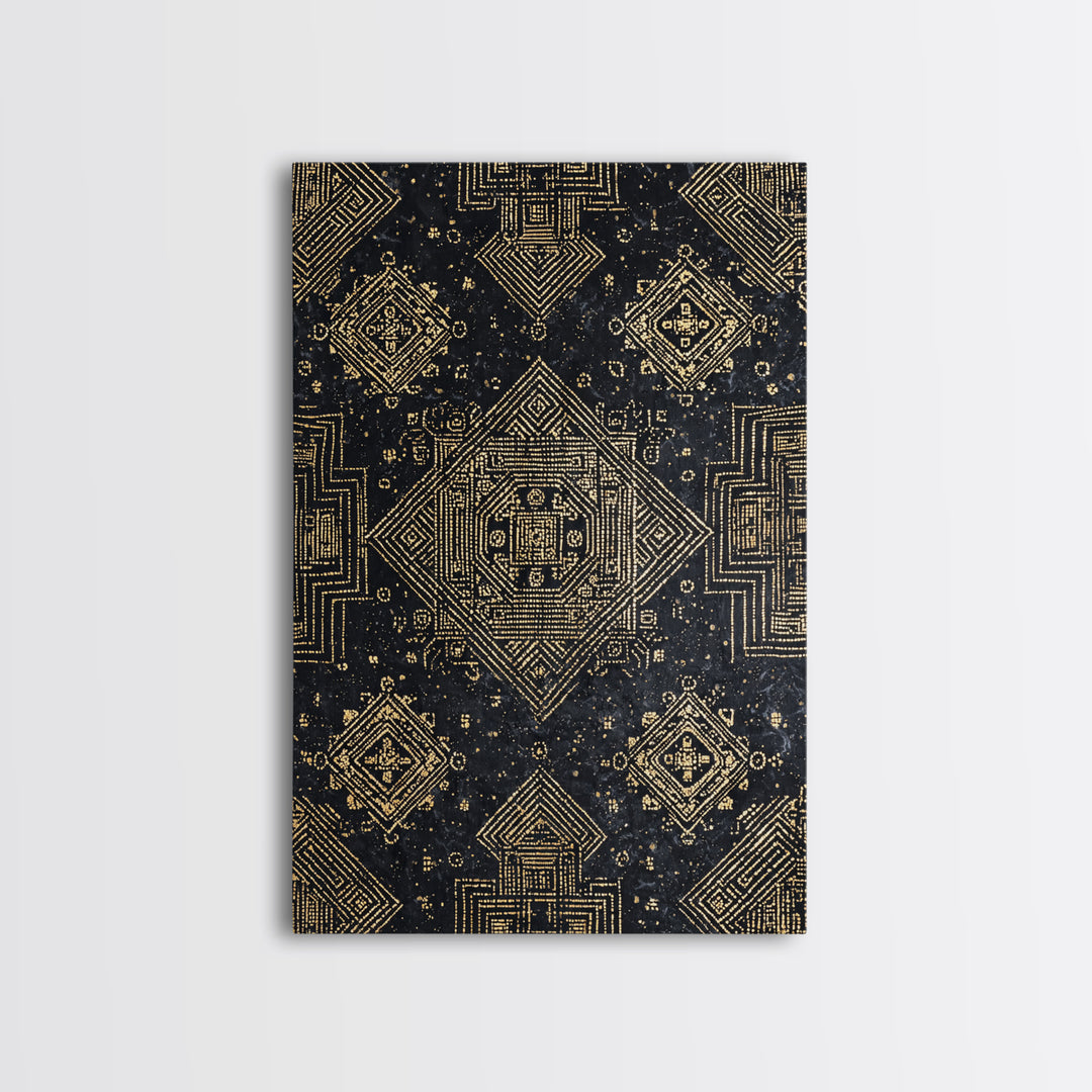 Black And Gold Sacred Geometric Pattern Framed Canvas Print, African Tribal Art, Luxury Wall Art, Spiritual Home Decor Gift