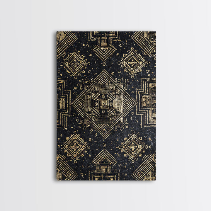 Black And Gold Sacred Geometric Pattern Framed Canvas Print, African Tribal Art, Luxury Wall Art, Spiritual Home Decor Gift