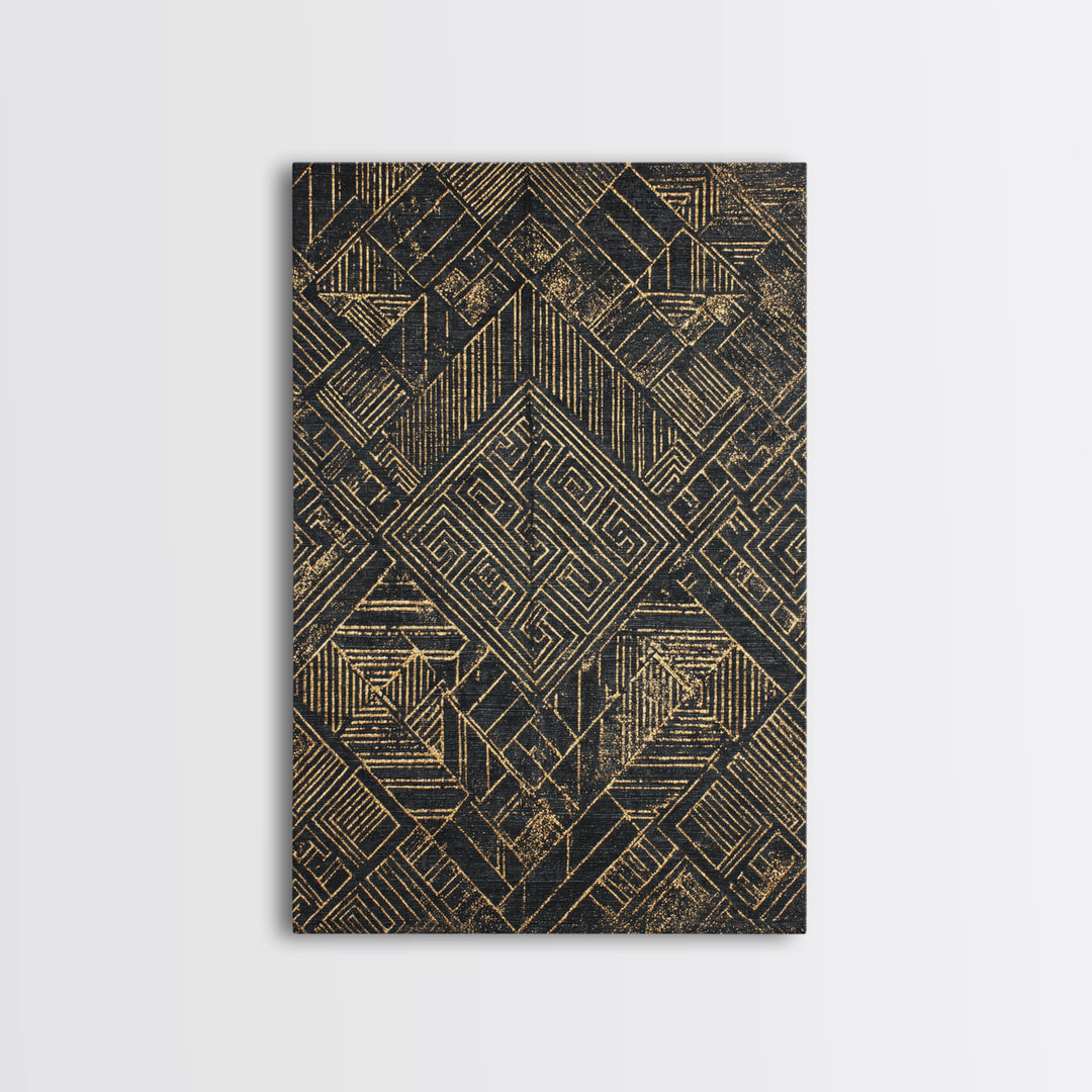 Black Gold Geometric Kuba Pattern Wall Art, African Tribal Decor, Mud Cloth Inspired Canvas, Modern Ethnic Home Decor, Gallery Print
