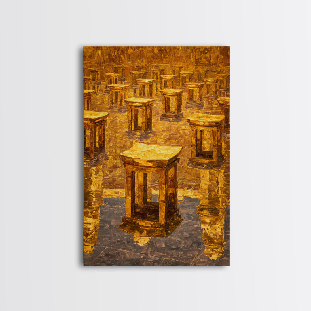 Golden Ancestral Stools In Reflective Hall Framed Canvas Print, African Decor, Cultural Wall Art, Warm Ochre Home Decor Gift