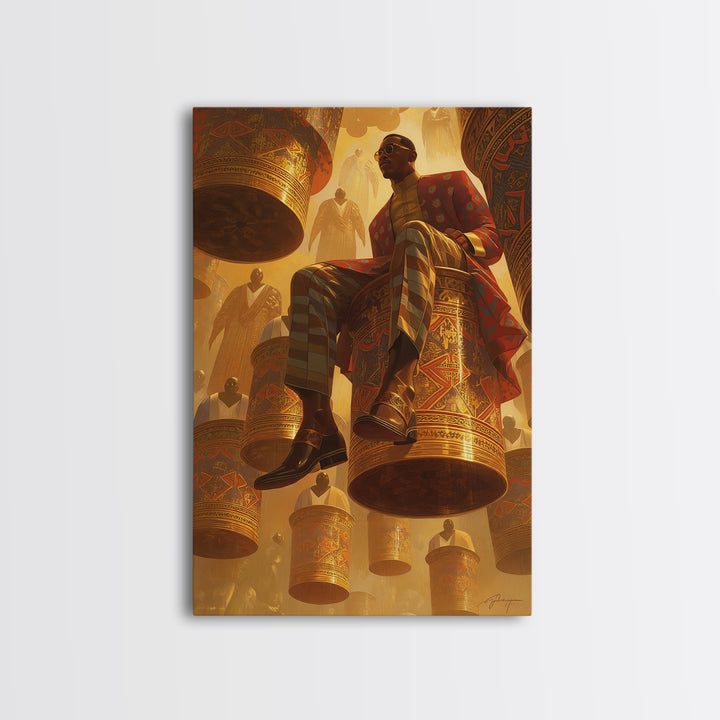Afrofuturist Man Seated On Floating Drums Canvas Print, African Ankara Art, Regal Black Culture Wall Decor, Bold Gift For Him