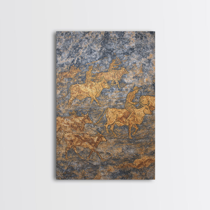 Golden Cattle Herders Etched On Blue Stone Wall Art, African Safari Art, Pastoral Tribal Canvas, Cultural Home Decor, Unique Gift