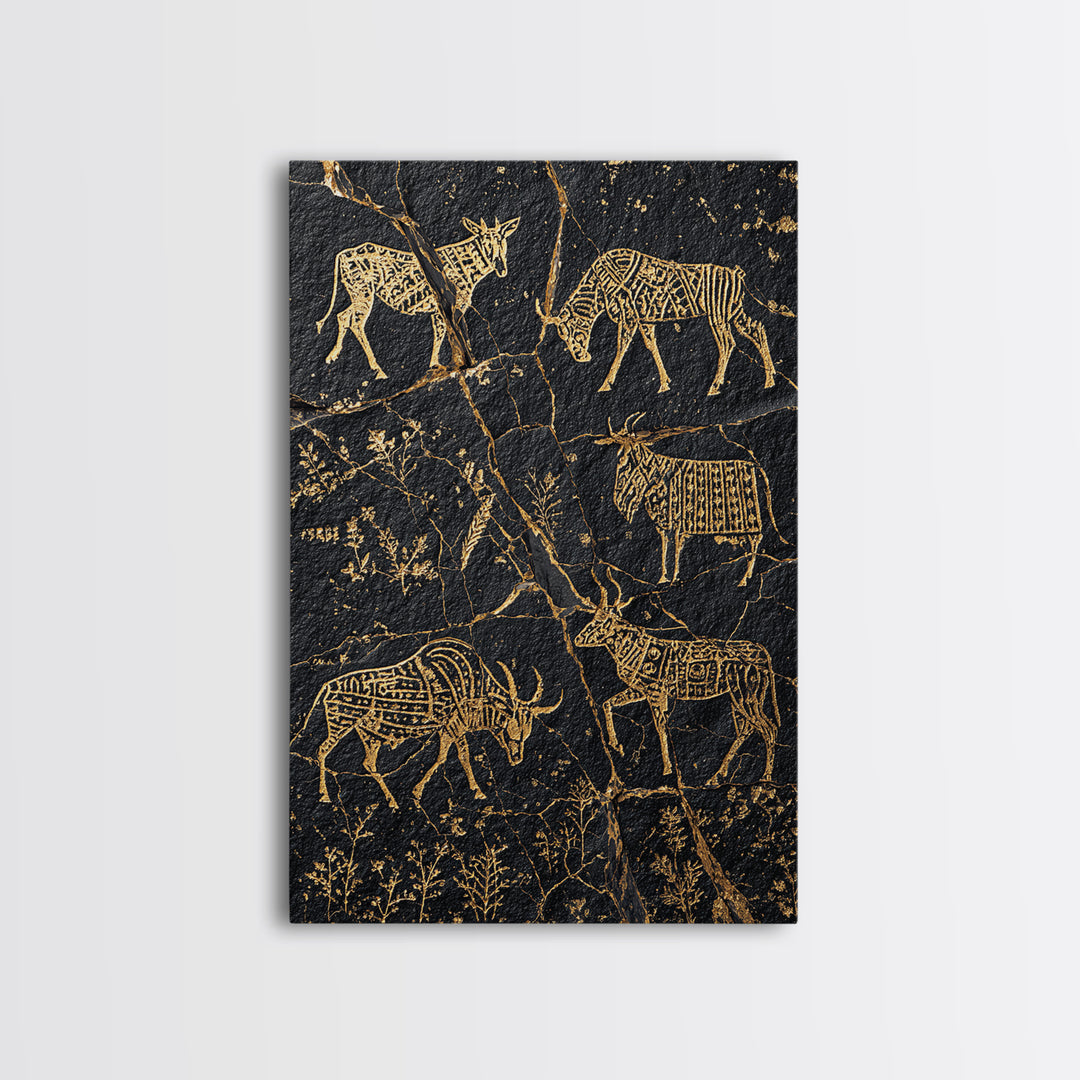 Black Gold Tribal Animal Petroglyph Canvas Print, African Safari Art, Antelope And Zebra Wall Decor, Ancient Rock Art Print