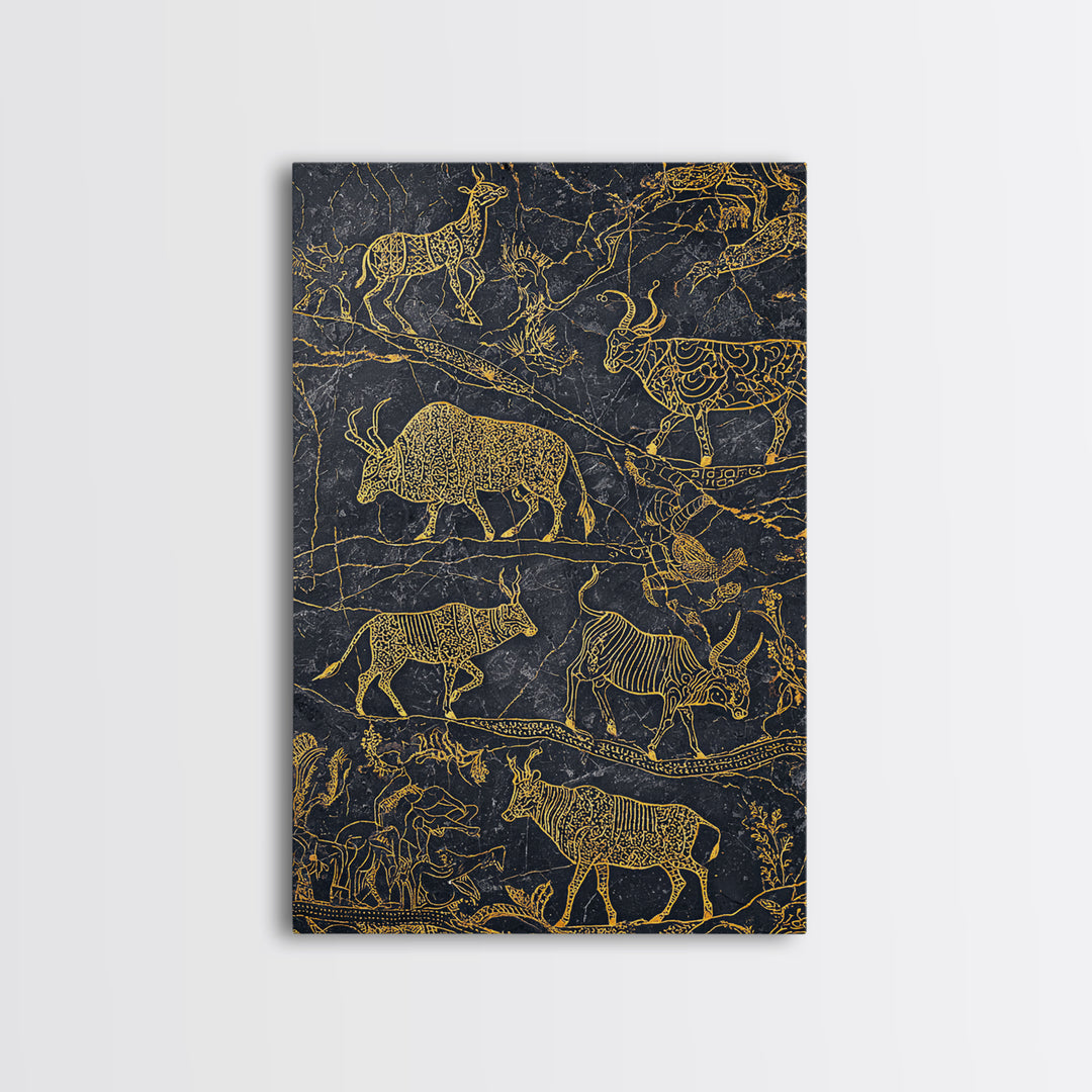 Gold Line Savanna Wildlife Migration Wall Art, African Animal Art, Tribal Antelope Canvas, Black Gold Safari Decor, Statement Gift