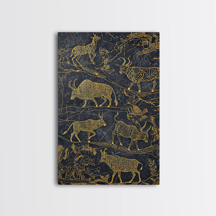Gold Line Savanna Wildlife Migration Wall Art, African Animal Art, Tribal Antelope Canvas, Black Gold Safari Decor, Statement Gift