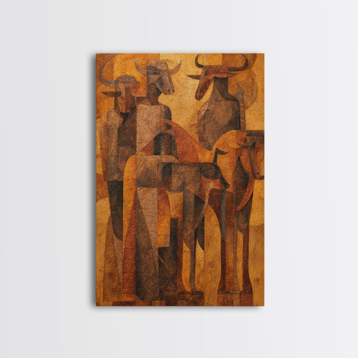 Cubist Cattle Spirits In Burnt Orange Canvas Print, African Abstract Art, Tribal Bull Wall Decor, Modern Gallery Gift For Home