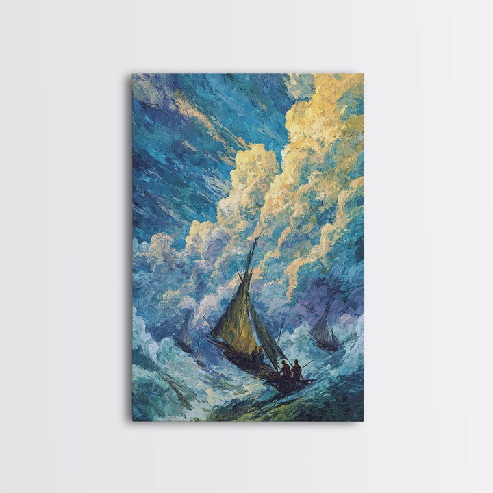 Stormy Sailboat Seascape Framed Canvas Print, Beach Art, Blue Ocean Wall Decor, Coastal Painting, Dramatic Living Room Art