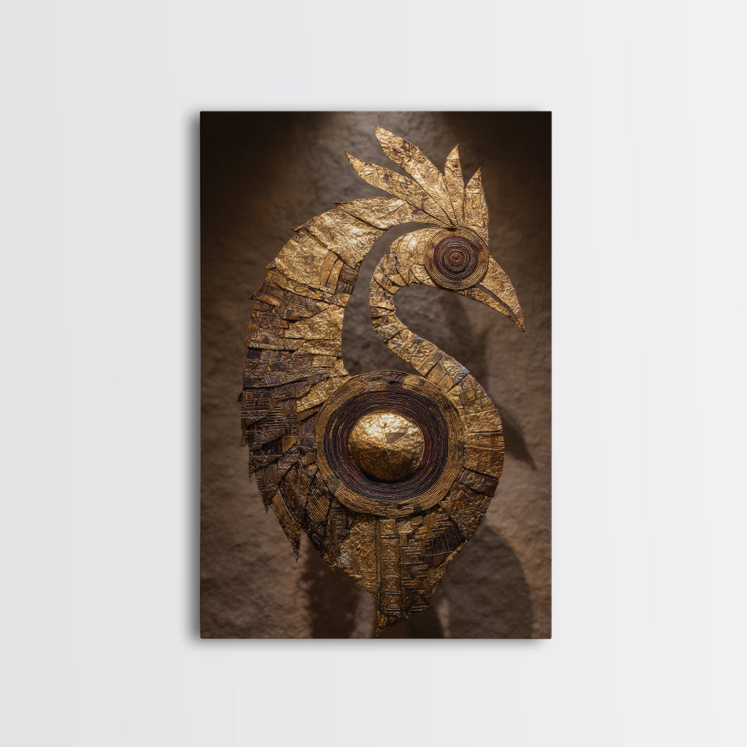 Golden Tribal Bird Sculpture Wall Art, African Inspired Decor, Black And Gold Art, Textured Art Print, Unique Home Decor Gift