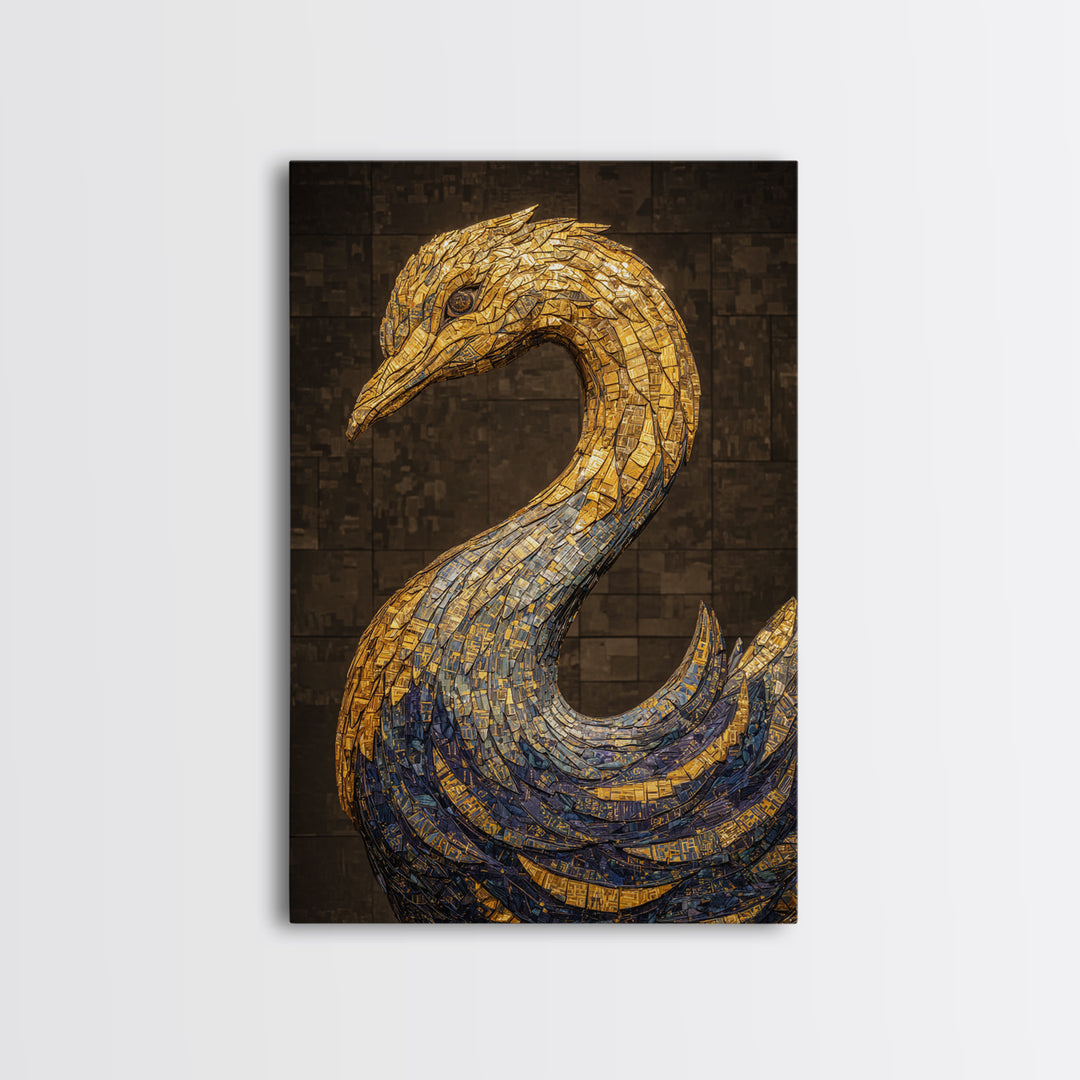 Blue Gold Mosaic Swan Framed Canvas Print, Black And Gold Art, Elegant Wall Decor, Contemporary Canvas, Statement Home Decor